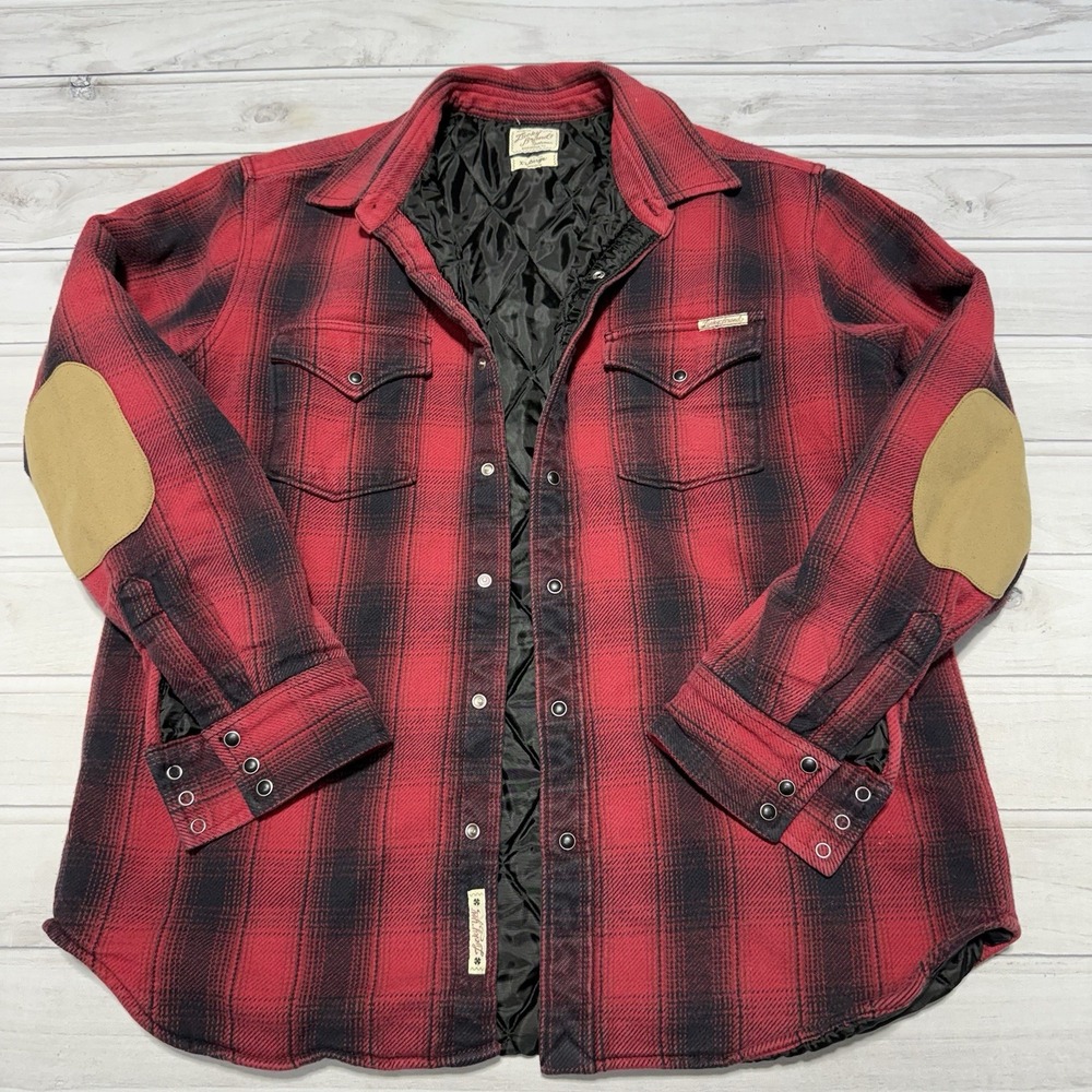 Lucky Brand Quilted Flannel Shacket Mens XL Red Plaid Western Elbow Patch Jacket